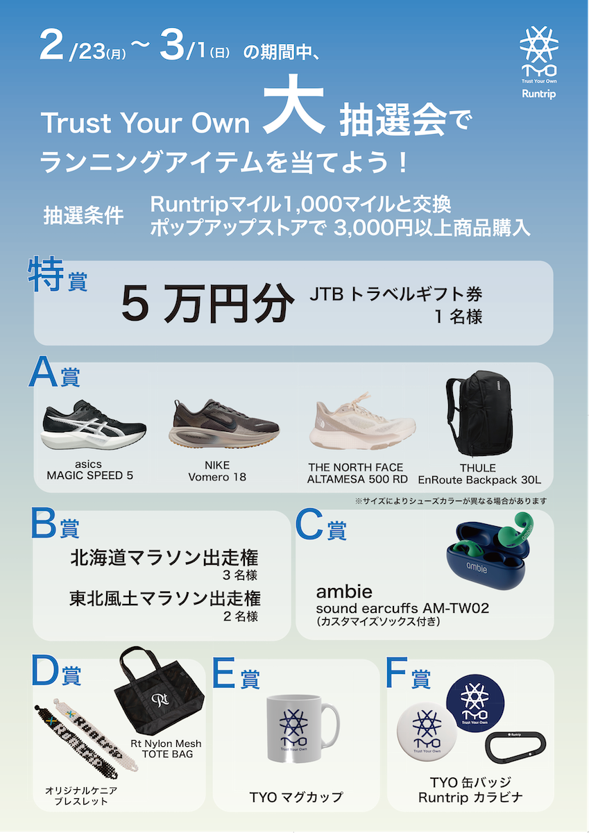 「2月26日〜28日の3日間にわたってRuntrip Storeのポップアップストアを開催！ここでしか手に入らない限定アイテムも登場」の画像